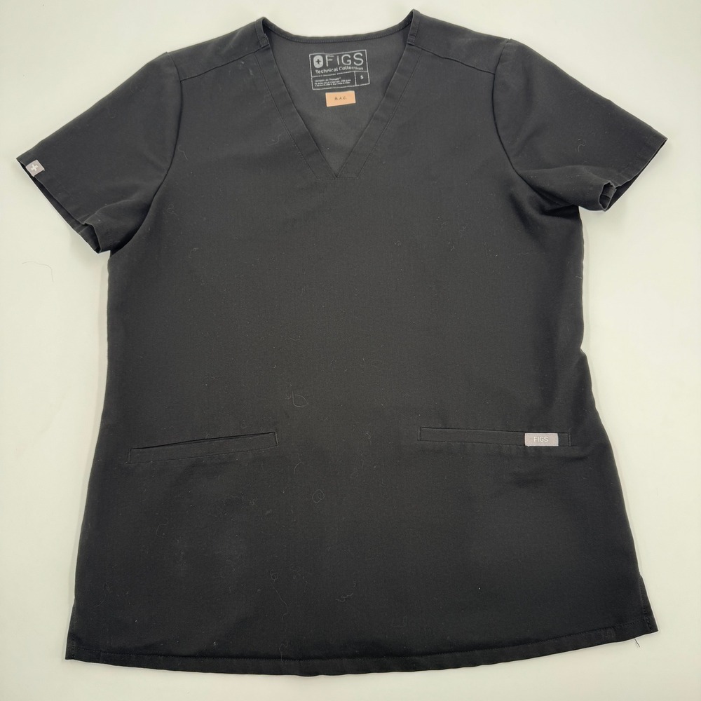 FIGS Technical Collection Scrub Top Womens S Black V-Neck Short Sleeve Pockets